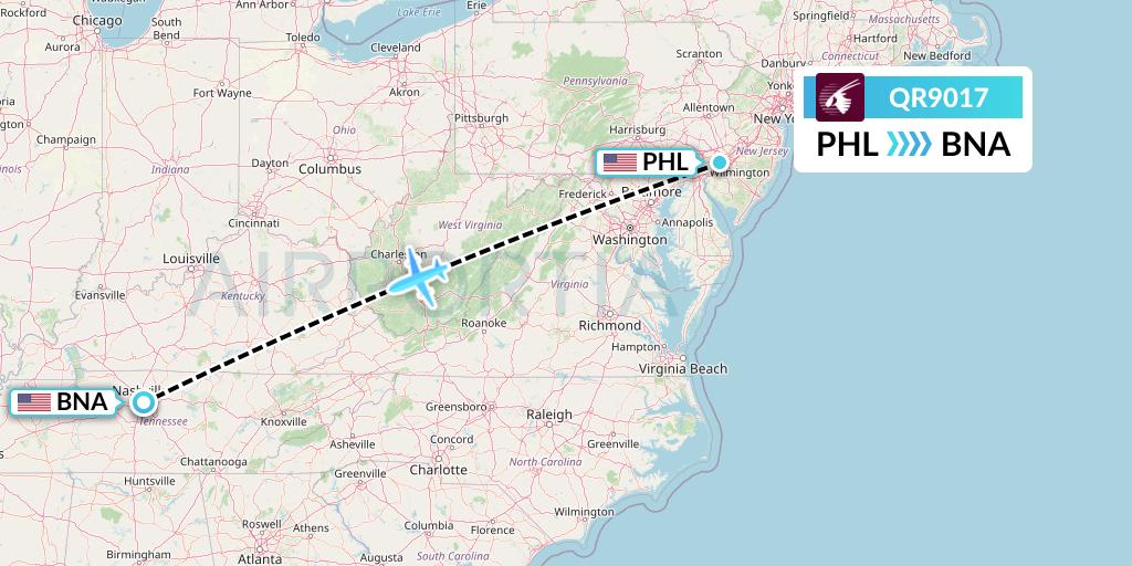 QR9017 Qatar Airways Flight Map: Philadelphia to Nashville
