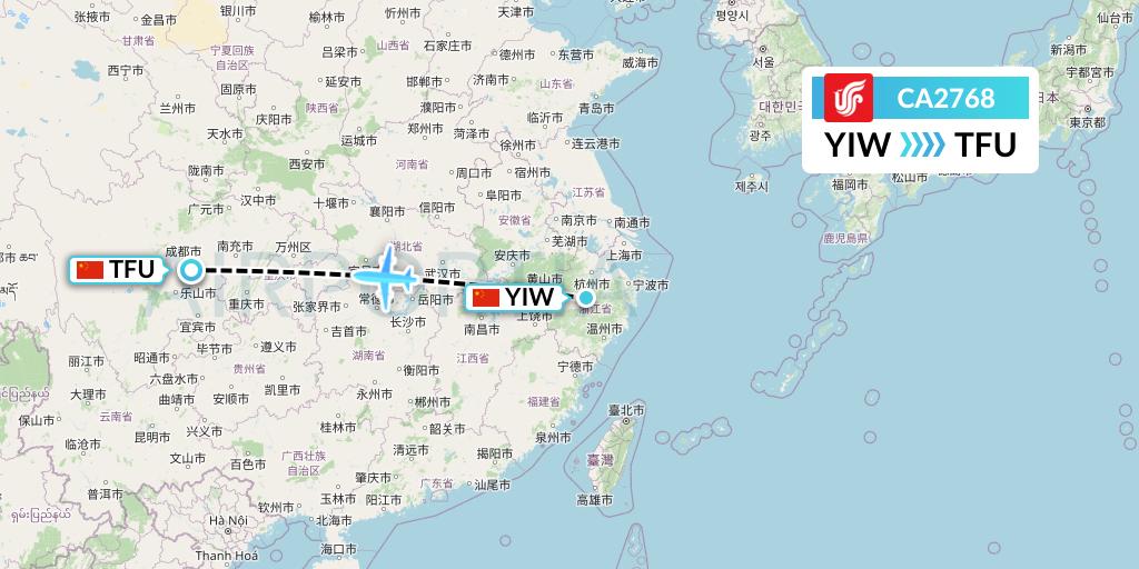 CA2768 Air China Flight Map: Yiwu to Chengdu