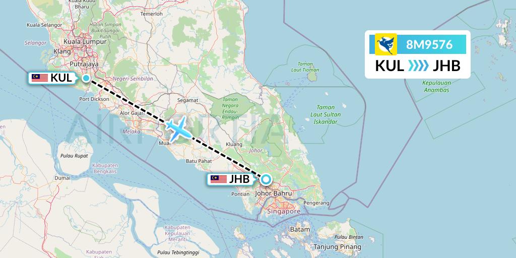 8M9576 Myanmar Airways International Flight Map: Kuala Lumpur to Johor Bahru