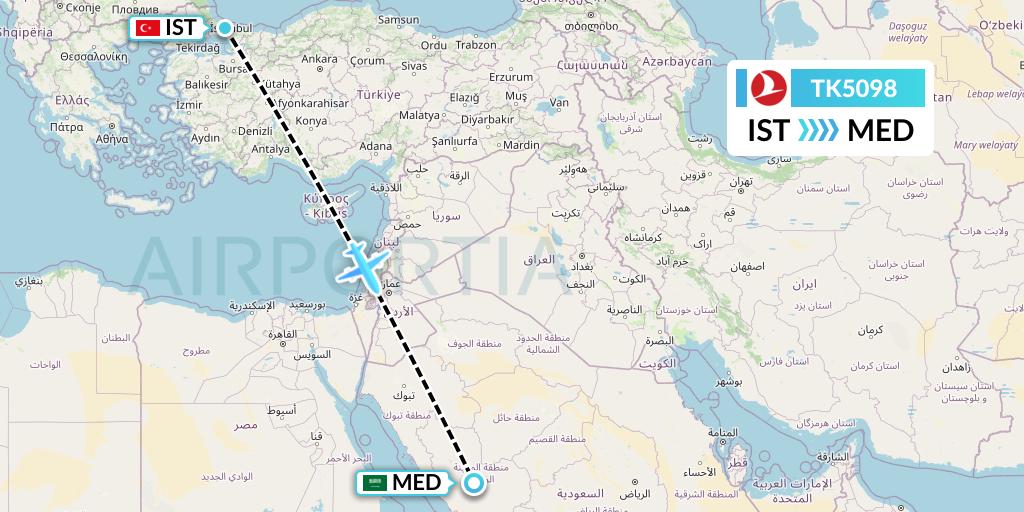TK5098 Turkish Airlines Flight Map: Istanbul to Medina