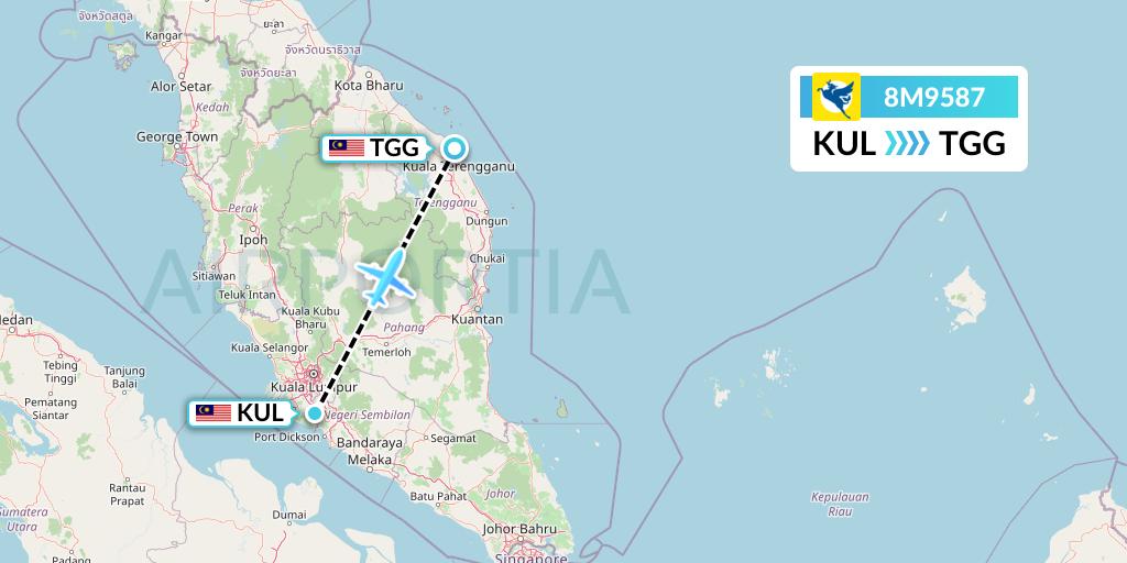 8M9587 Myanmar Airways International Flight Map: Kuala Lumpur to Kuala Terengganu