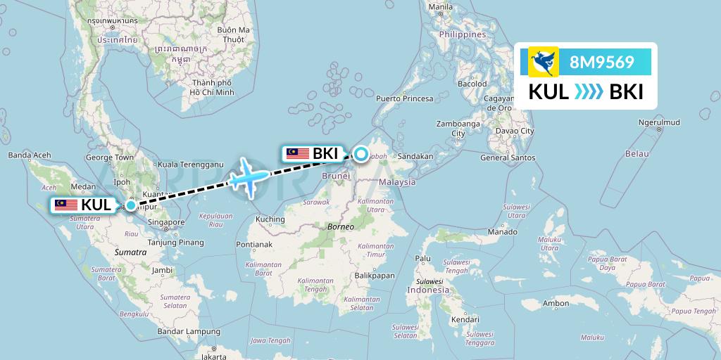 8M9569 Myanmar Airways International Flight Map: Kuala Lumpur to Kota Kinabalu