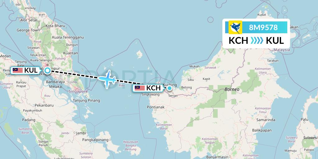 8M9578 Myanmar Airways International Flight Map: Kuching to Kuala Lumpur