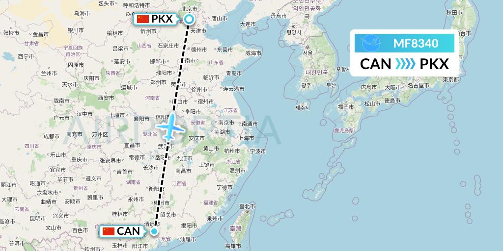 MF8340 Xiamen Airlines Flight Map: Guangzhou to Beijing