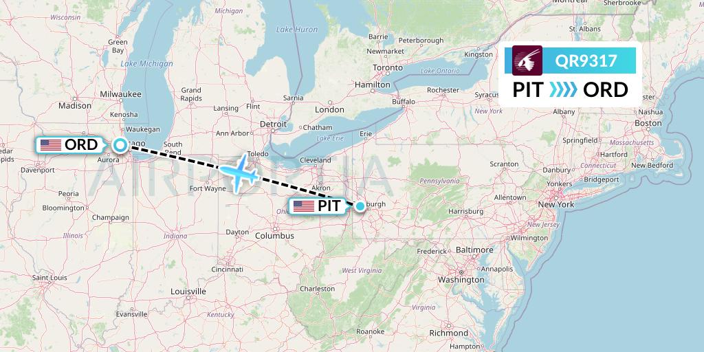 QR9317 Qatar Airways Flight Map: Pittsburgh to Chicago