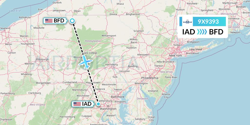 9X9393 Southern Airways Express Flight Map: Washington to Bradford