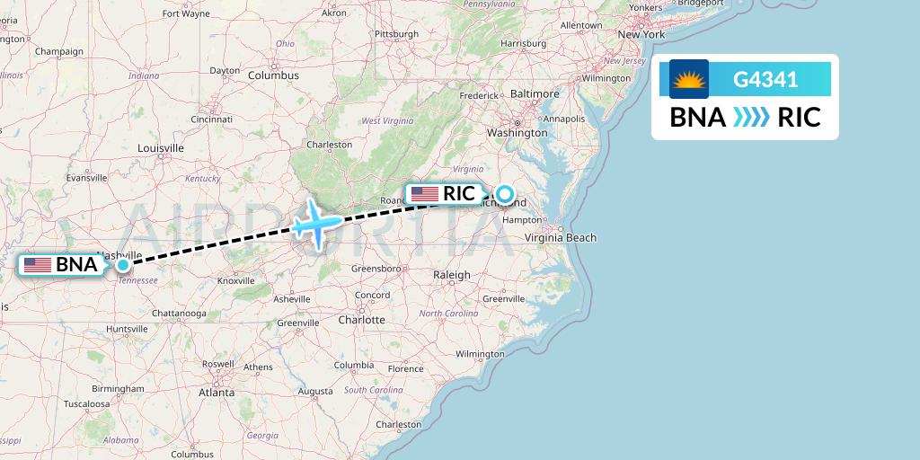 G4341 Allegiant Air Flight Map: Nashville to Richmond