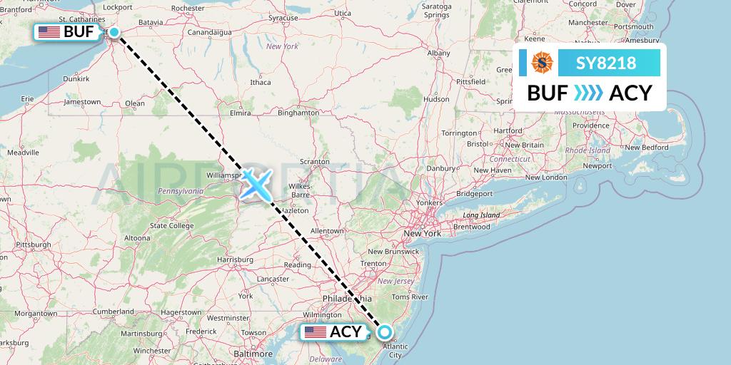 SY8218 Sun Country Airlines Flight Map: Buffalo to Atlantic City