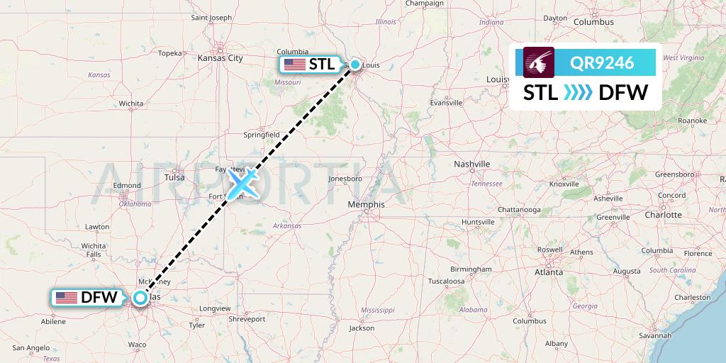 QR9246 Qatar Airways Flight Map: St. Louis to Dallas
