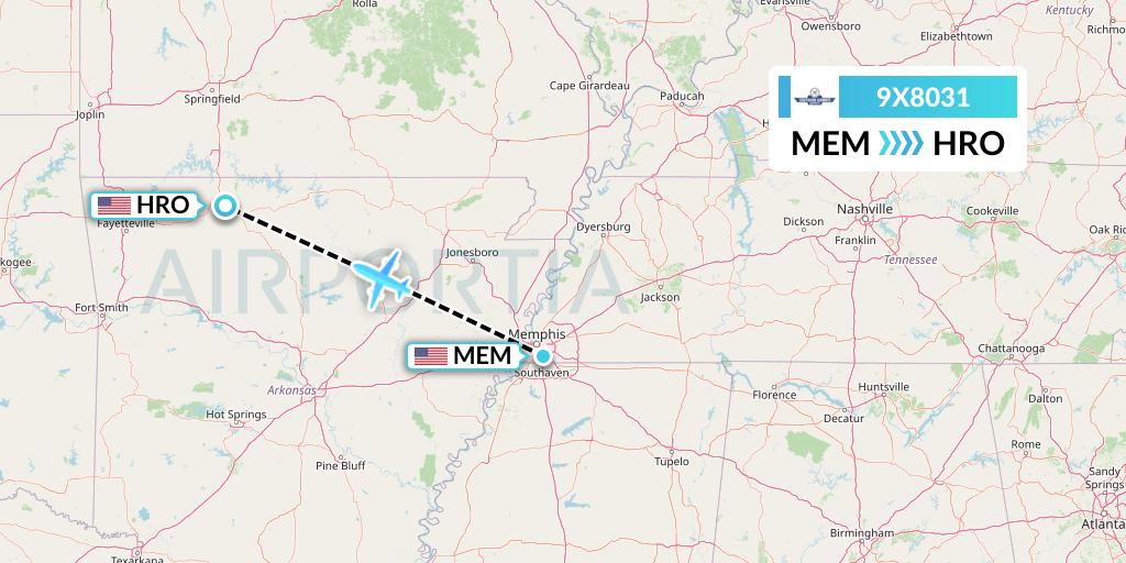 9X8031 Southern Airways Express Flight Map: Memphis to Harrison