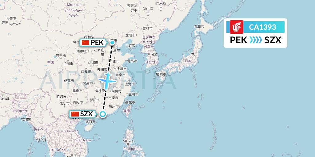 CA1393 Air China Flight Map: Beijing to Shenzhen