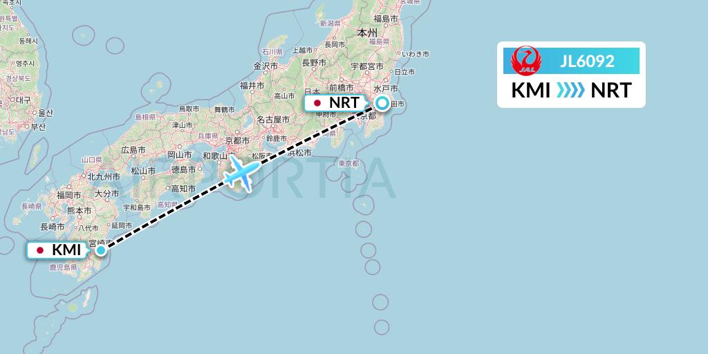 JL6092 Japan Airlines Flight Map: Miyazaki to Tokyo