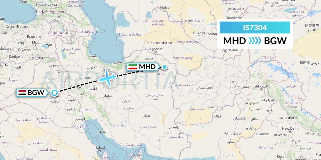 IS7304 Sepehran Airlines Flight Map: Mashhad to Baghdad