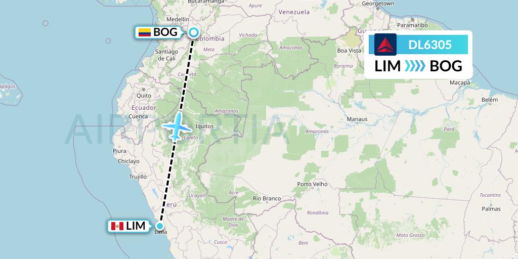 DL6305 Delta Air Lines Flight Map: Lima to Bogota