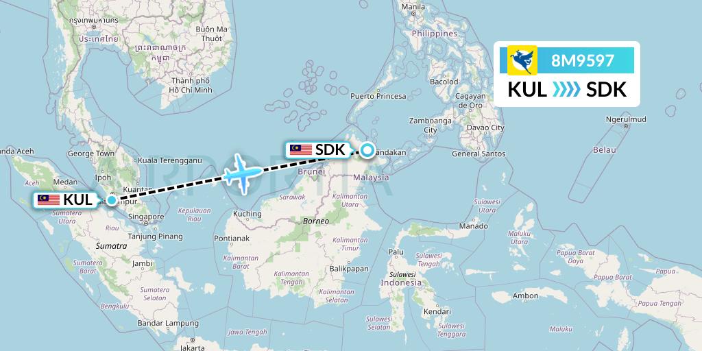 8M9597 Myanmar Airways International Flight Map: Kuala Lumpur to Sandakan