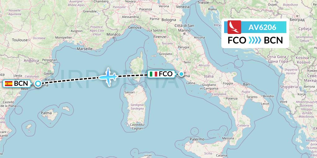 AV6206 Avianca Flight Map: Rome to Barcelona