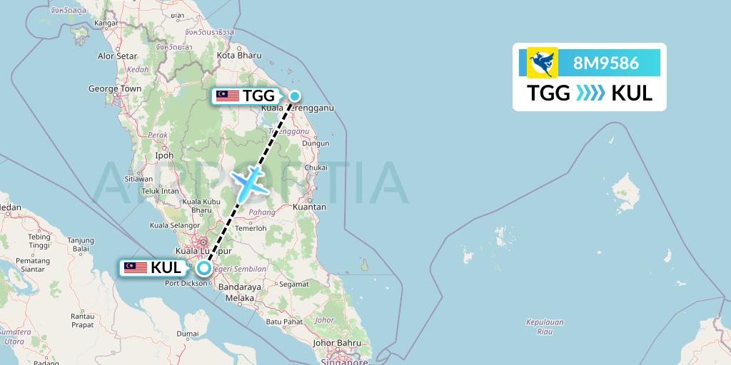 8M9586 Myanmar Airways International Flight Map: Kuala Terengganu to Kuala Lumpur