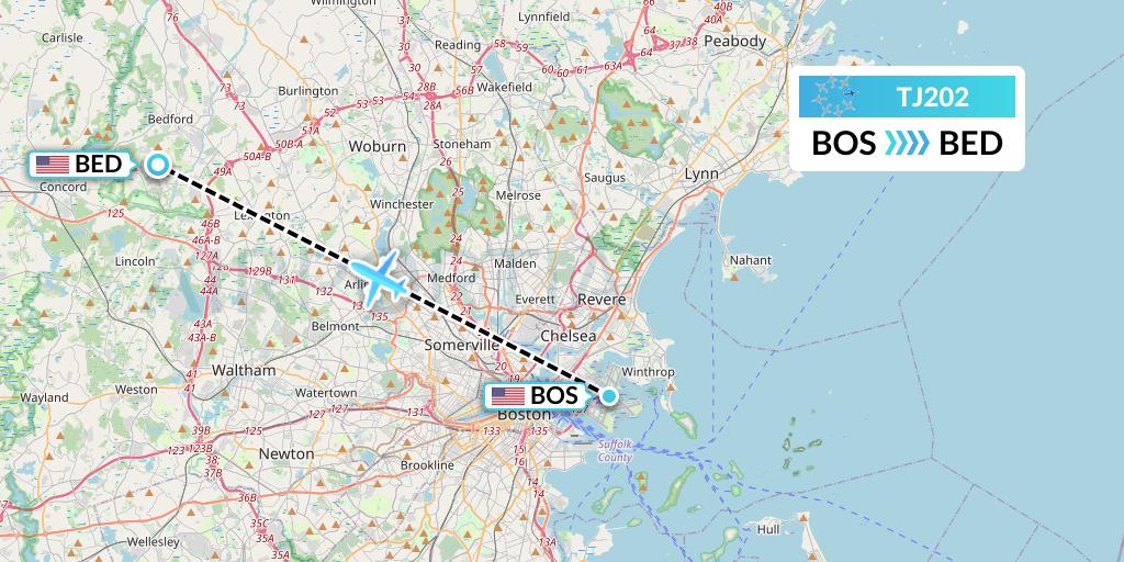 TJ202 Tradewind Aviation Flight Map: Boston to Bedford