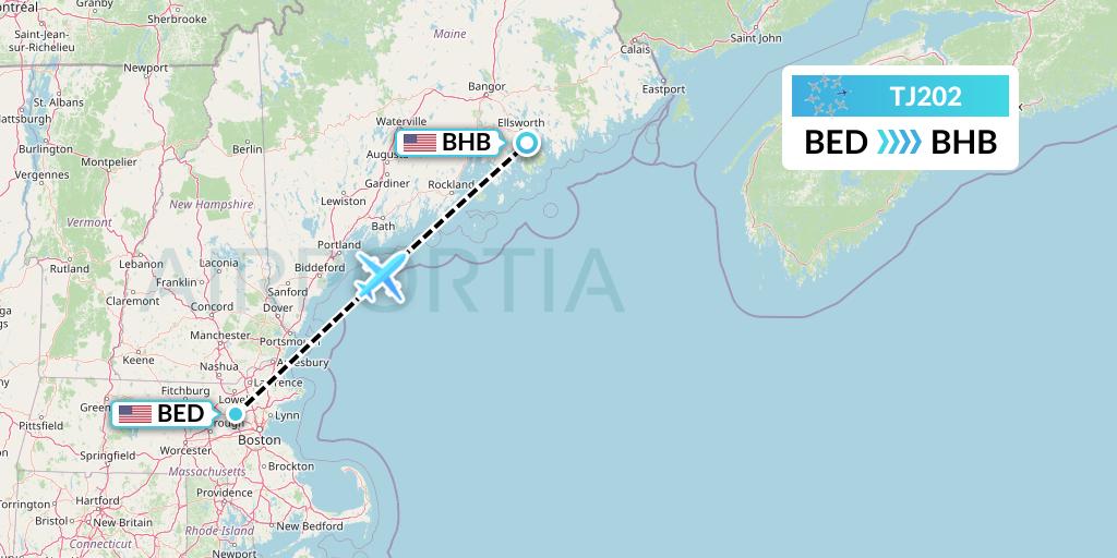 TJ202 Tradewind Aviation Flight Map: Bedford to Bar Harbor