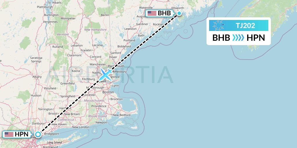 TJ202 Tradewind Aviation Flight Map: Bar Harbor to White Plains