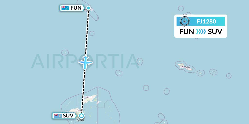 FJ1280 Fiji Airways Flight Map: Funafuti to Suva