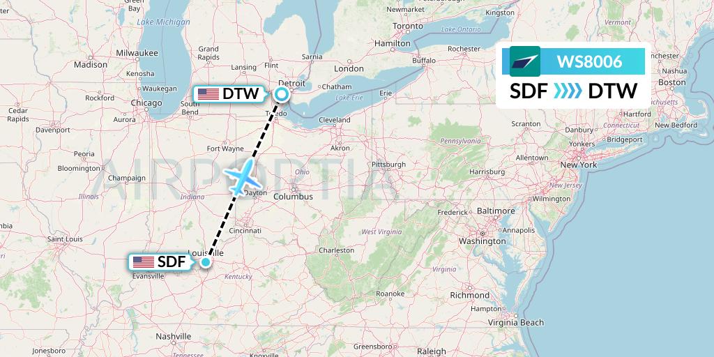 WS8006 WestJet Flight Map: Louisville to Detroit