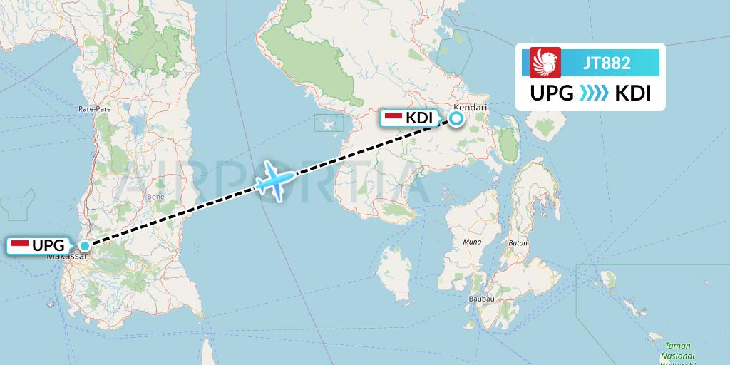 JT882 Lion Airlines Flight Map: Makassar to Kendari