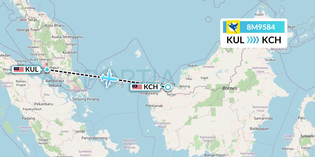 8M9584 Myanmar Airways International Flight Map: Kuala Lumpur to Kuching