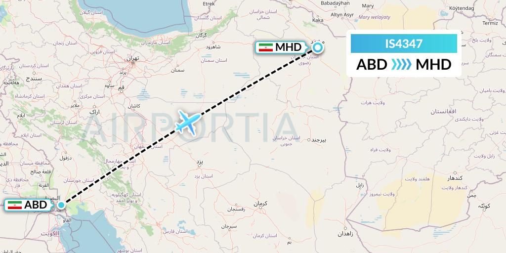 IS4347 Sepehran Airlines Flight Map: Abadan to Mashhad