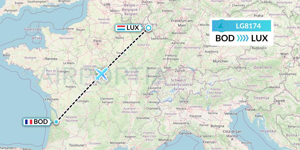 LG8174 Luxair Flight Map: Bordeaux to Luxembourg