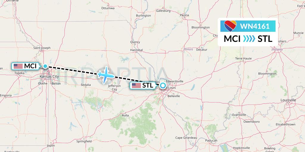 WN4161 Southwest Airlines Flight Map: Kansas City to St. Louis