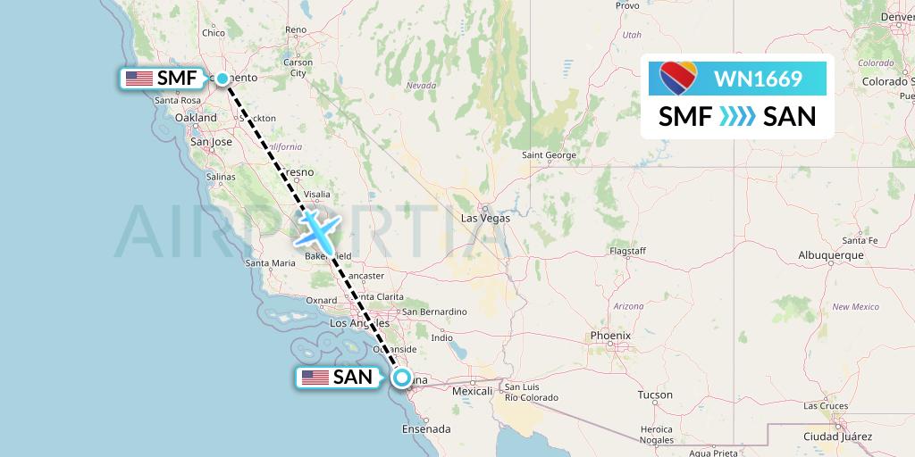 WN1669 Southwest Airlines Flight Map: Sacramento to San Diego