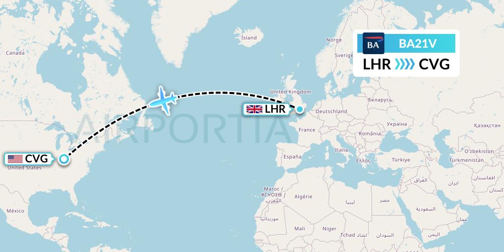 BA21V British Airways Flight Map: London to Cincinnati