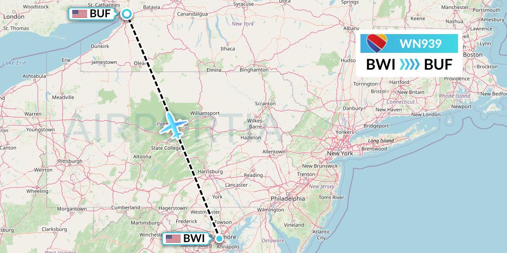 WN939 Southwest Airlines Flight Map: Baltimore to Buffalo