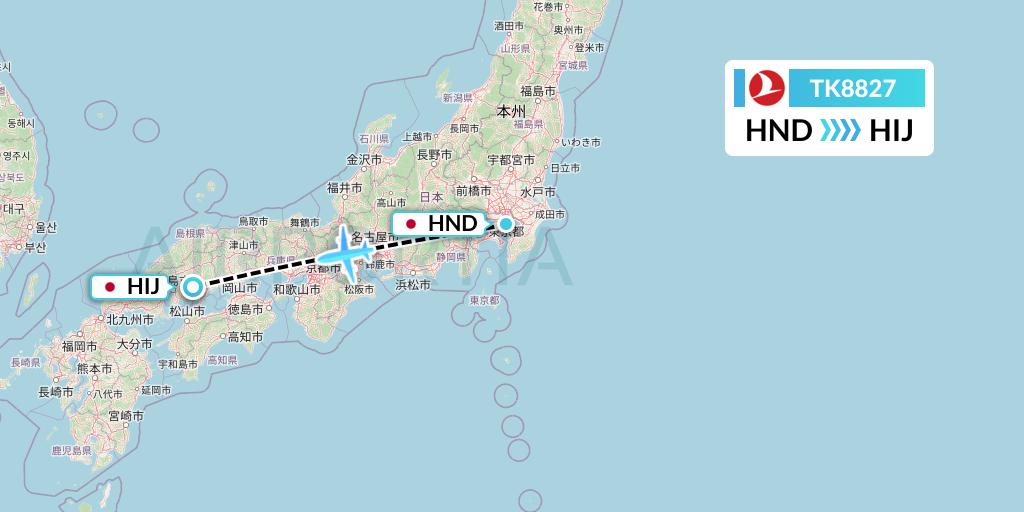 TK8827 Turkish Airlines Flight Map: Tokyo to Hiroshima