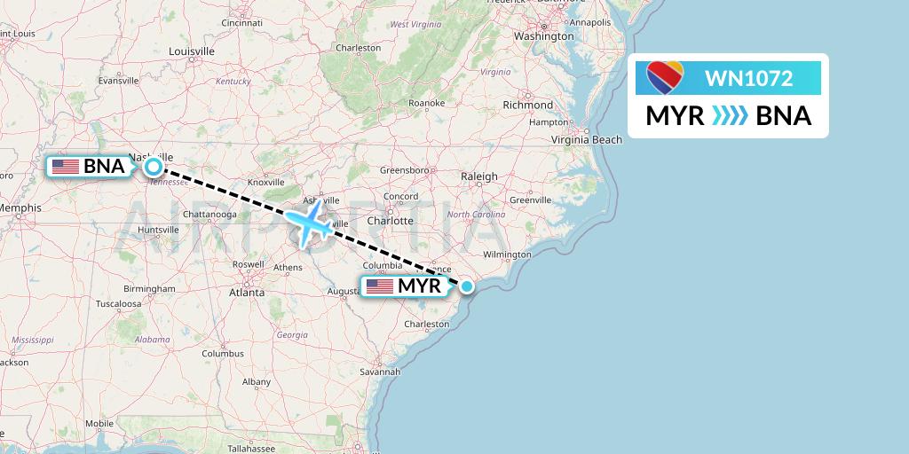 WN1072 Southwest Airlines Flight Map: Myrtle Beach to Nashville