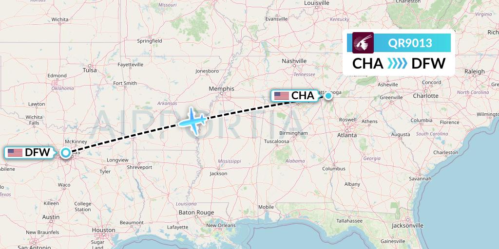 QR9013 Qatar Airways Flight Map: Chattanooga to Dallas