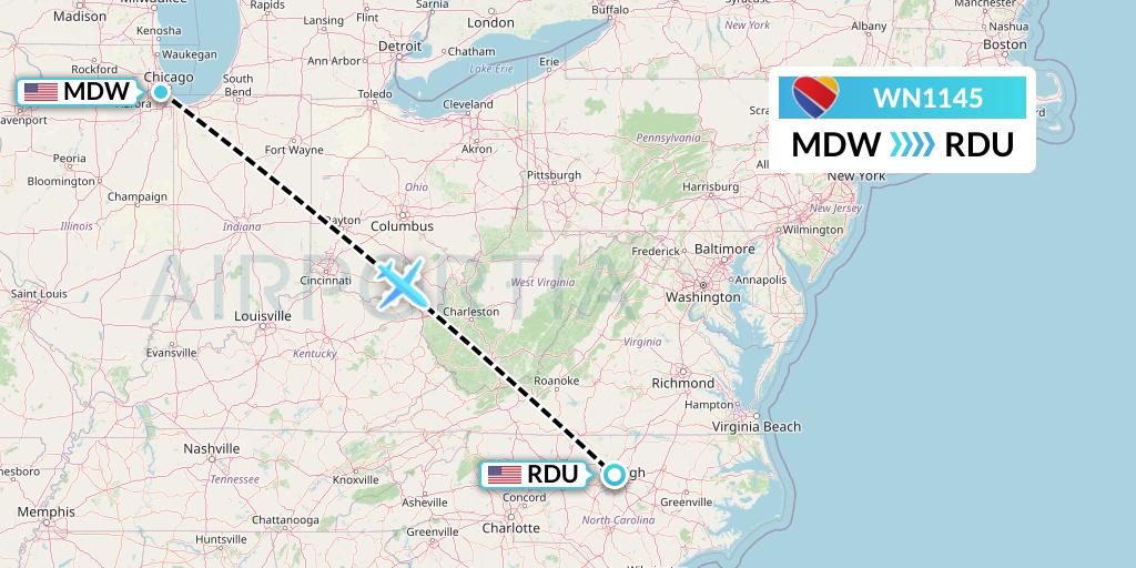 WN1145 Southwest Airlines Flight Map: Chicago to Raleigh-Durham