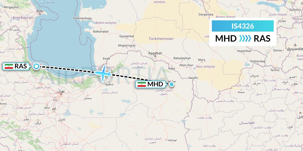 IS4326 Sepehran Airlines Flight Map: Mashhad to Rasht