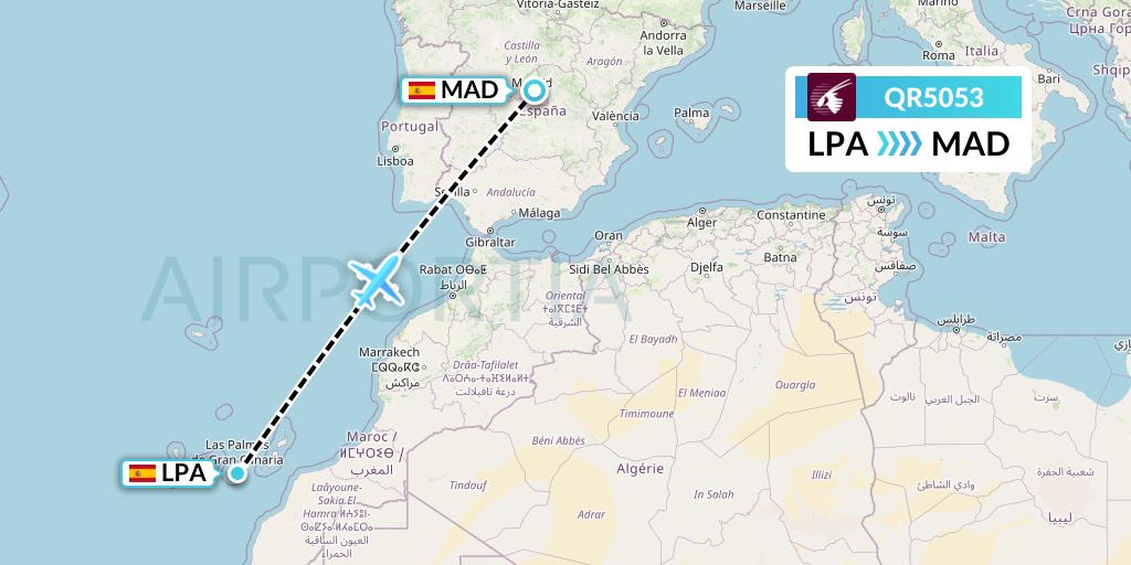 QR5053 Qatar Airways Flight Map: Las Palmas to Madrid