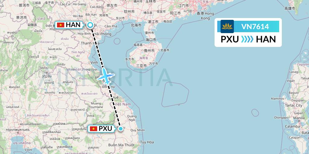 VN7614 Vietnam Airlines Flight Map: Pleiku to Hanoi