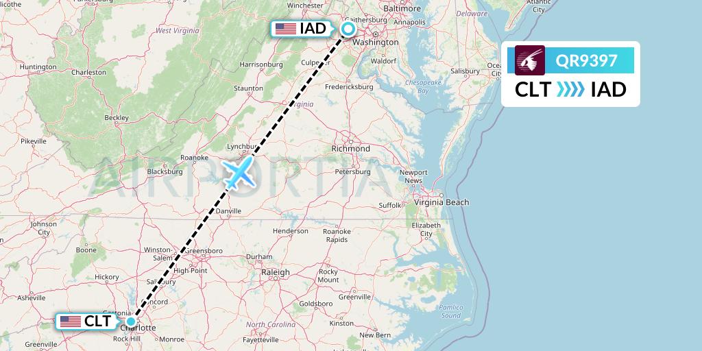 QR9397 Qatar Airways Flight Map: Charlotte to Washington