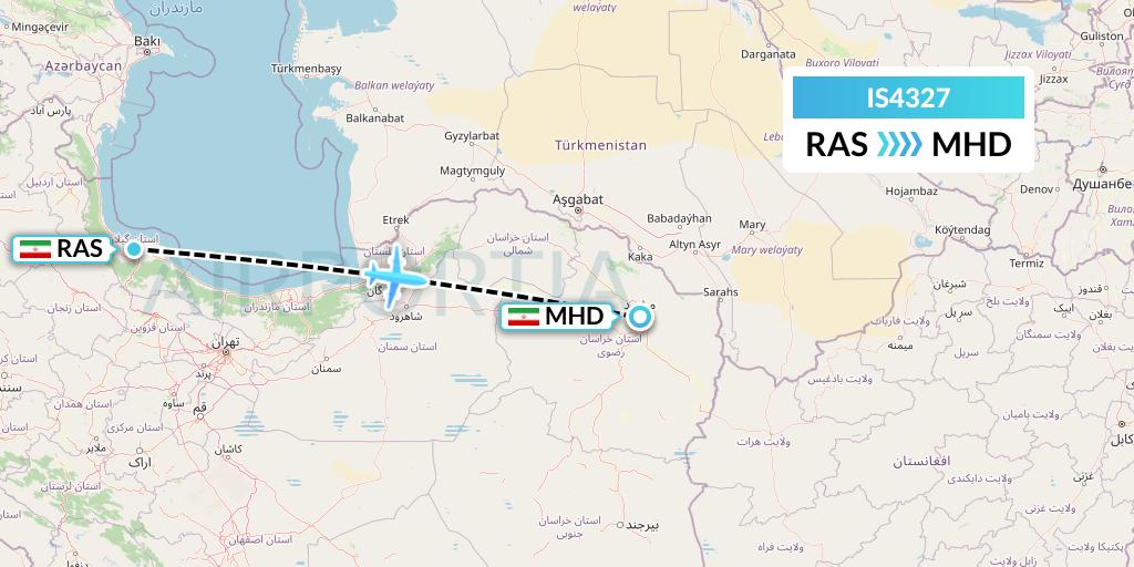 IS4327 Sepehran Airlines Flight Map: Rasht to Mashhad