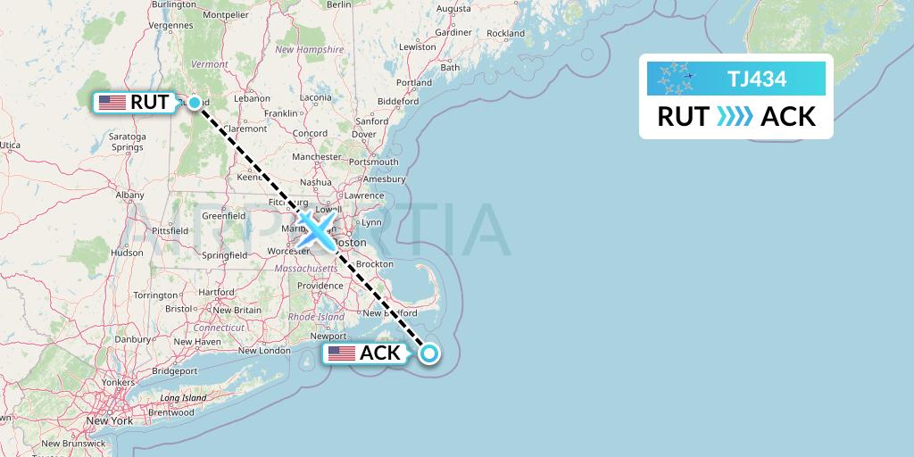 TJ434 Tradewind Aviation Flight Map: Rutland to Nantucket
