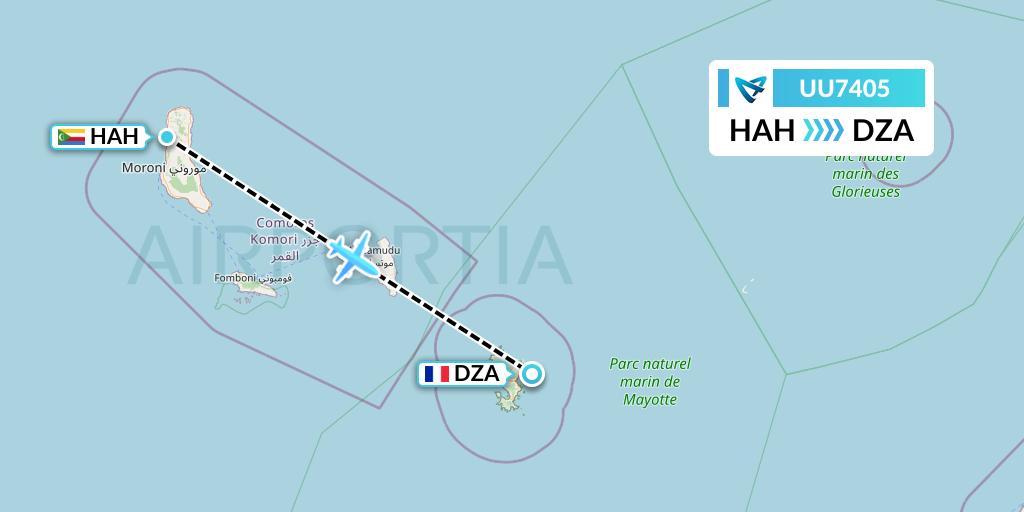 UU7405 Air Austral Flight Map: Moroni to Dzaoudzi