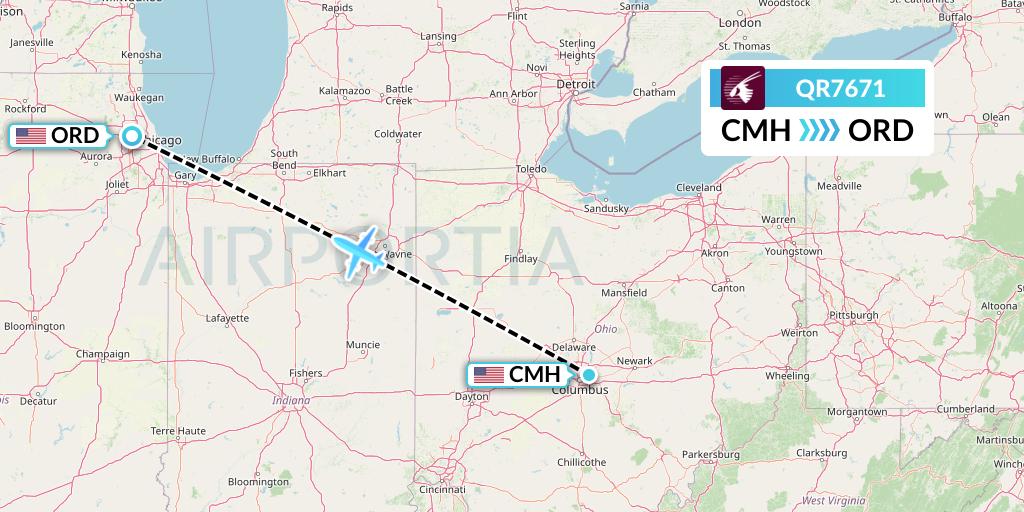 QR7671 Qatar Airways Flight Map: Columbus to Chicago