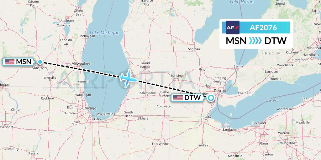 AF2076 Air France Flight Map: Madison to Detroit