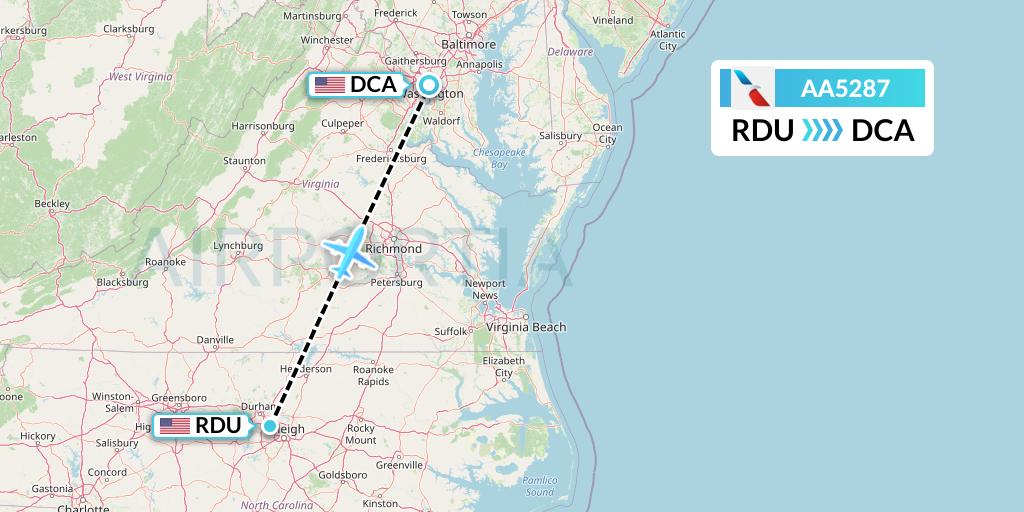 AA5287 American Airlines Flight Map: Raleigh-Durham to Washington