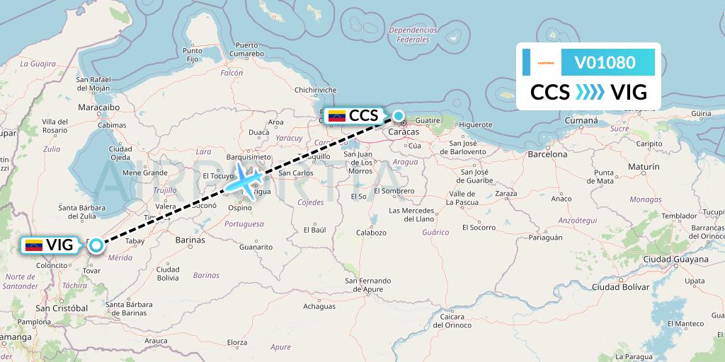 V01080 Conviasa Flight Map: Caracas to El Vigia