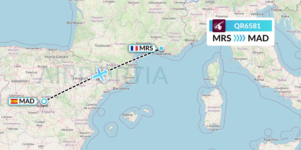 QR6581 Qatar Airways Flight Map: Marseille to Madrid